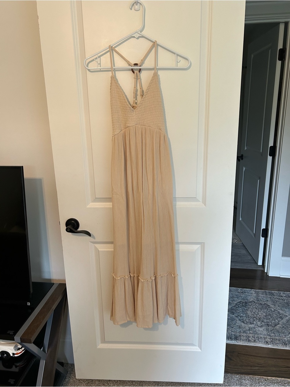 Madden Girl Cream Smocked Maxi Dress with Ring Detail